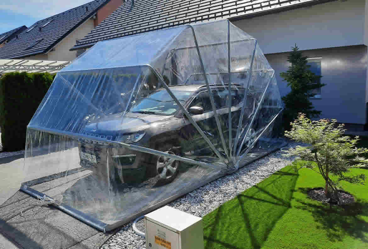 zložljiva garaža, montažna garaža, garaža iz prozorne ponjave 